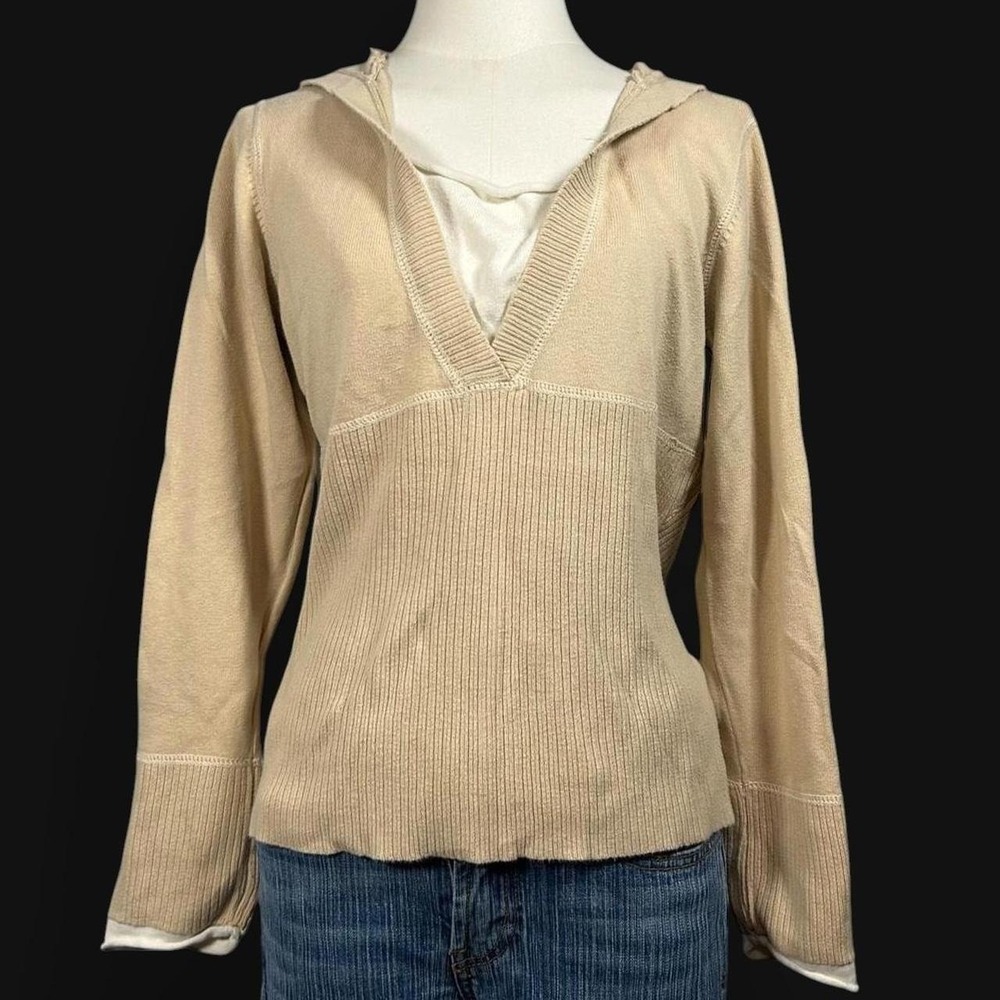 Y2K Tan Babydoll Hoodie Ribbed Layered Womens L Casual Cozy
